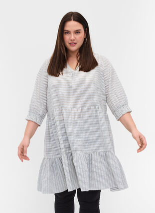 Patterned cotton dress with 3/4-length sleeves and smocking, White Check, Model image number 0