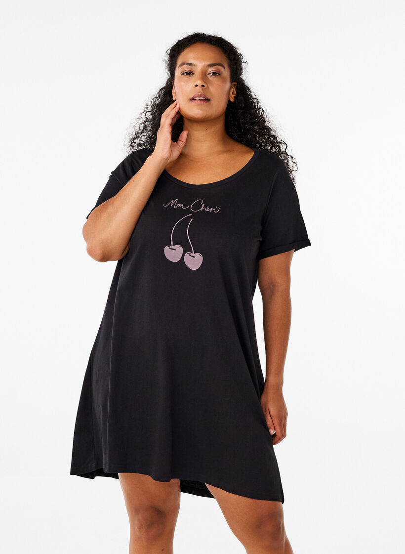 Short-sleeved nightgown in organic cotton, Black, Model image number 0