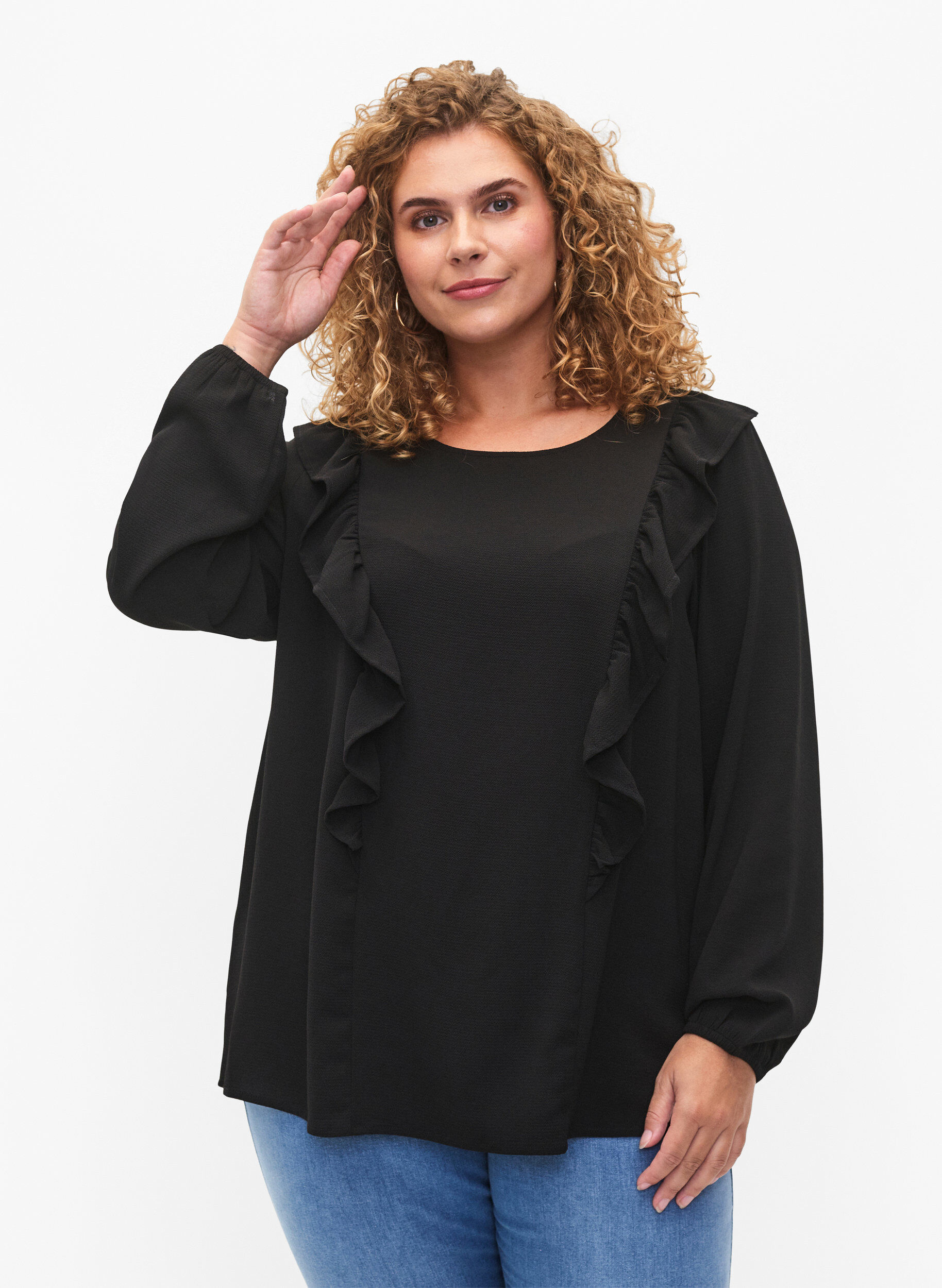 Zizzifashion Long sleeved blouse with ruffles, Black, Model image number 0