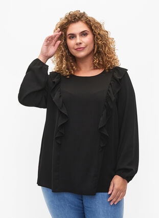 Long sleeved blouse with ruffles, Black, Model image number 0