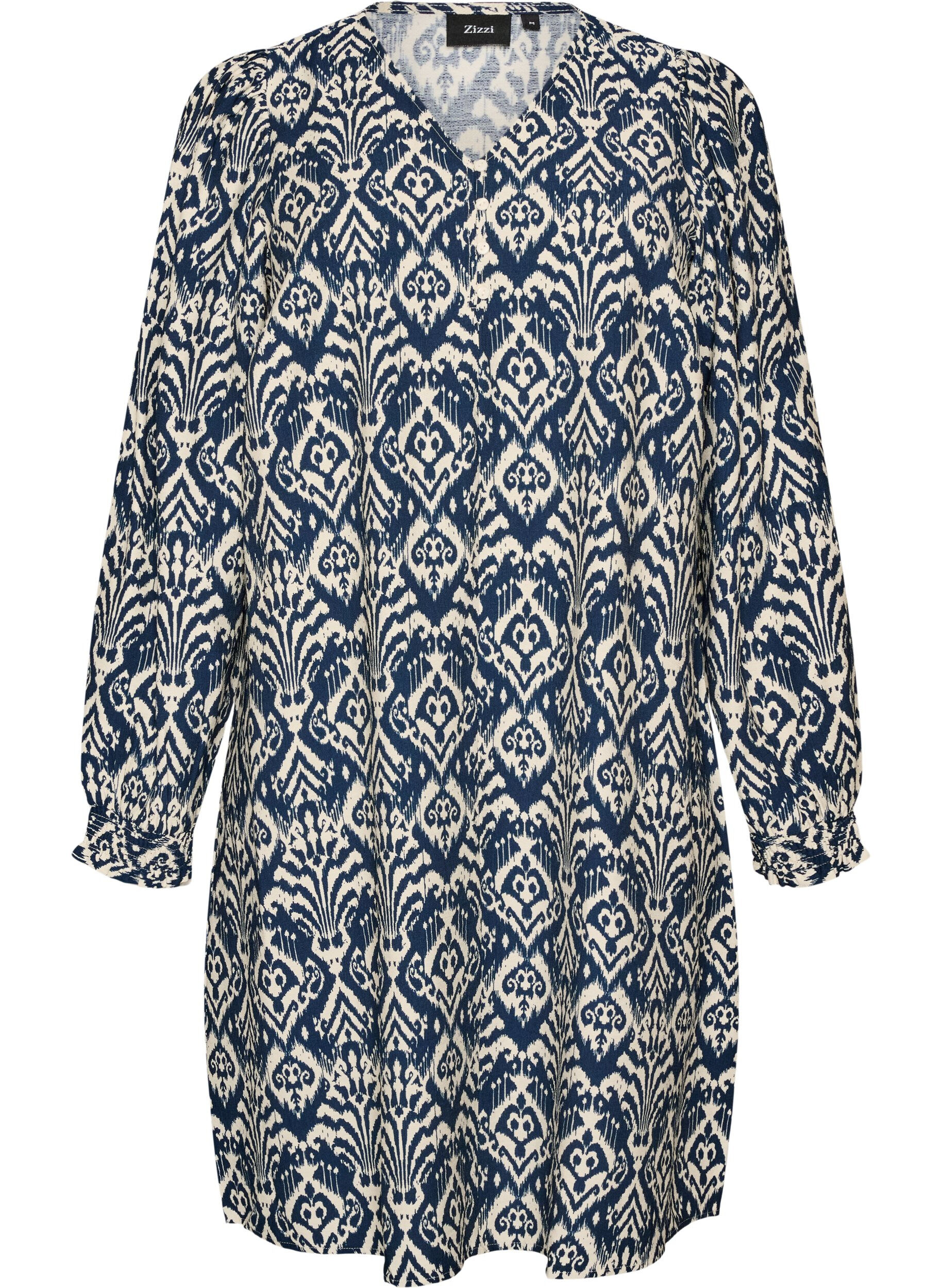 ZizzifashionPatterned viscose dress with long sleeves, Blue, Packshot image number 0