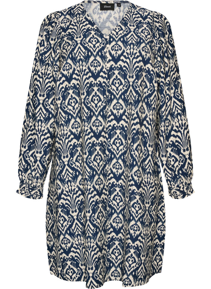 Patterned viscose dress with long sleeves, Blue, Packshot image number 0