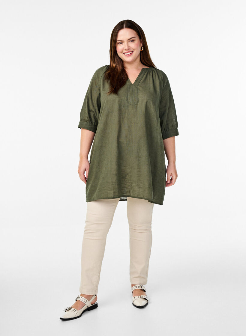 Cotton tunic with a V-neck, Green, Model image number 1
