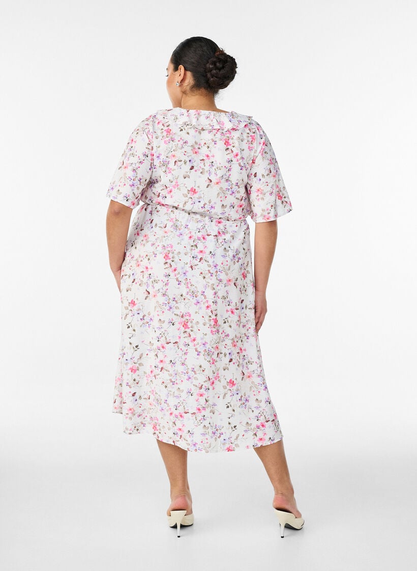 Viscose midi dress with a floral print and ruffle collar, Vanilla, Model image number 1