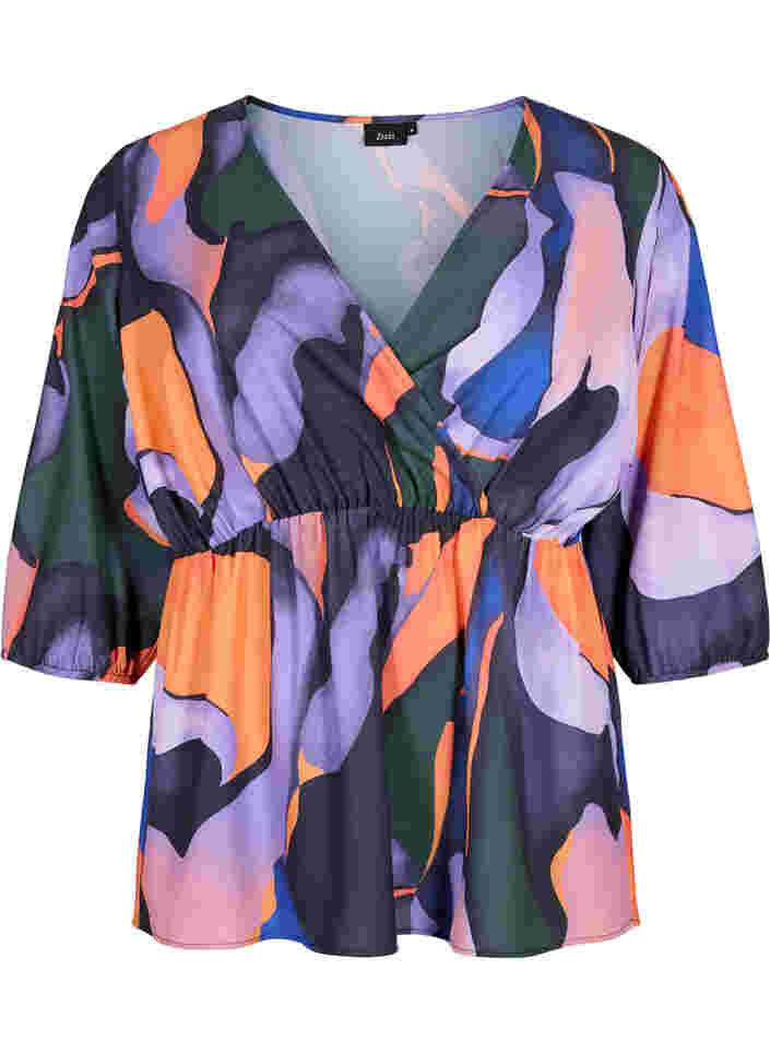 Printed blouse with wrap-look and 3/4 sleeves, Big Scale Print, Packshot image number 0