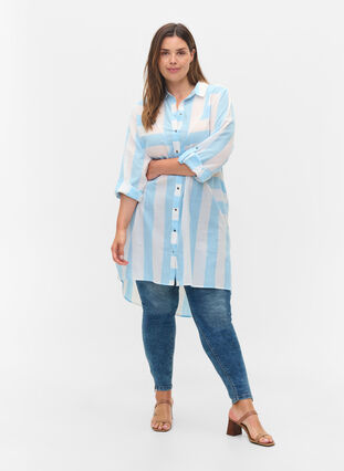 Striped cotton shirt with 3/4 sleeves, Blue Bell Stripe, Model image number 2
