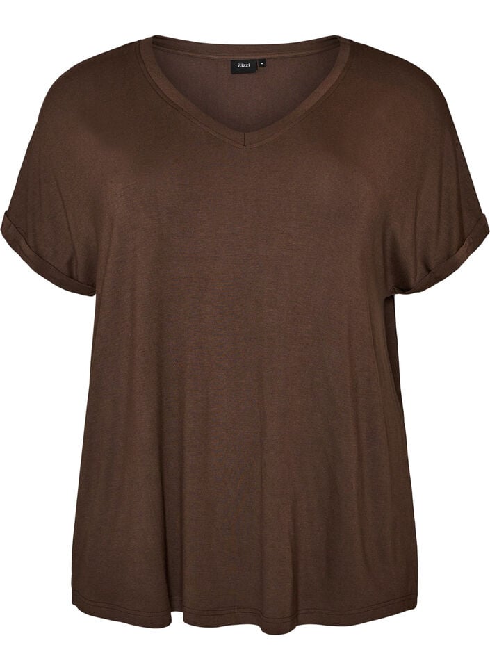Basic V-neck T-shirt in viscose, Brown, Packshot image number 0