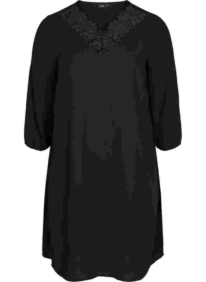 Dress with lace and 3/4 length sleeves, Black, Packshot image number 0