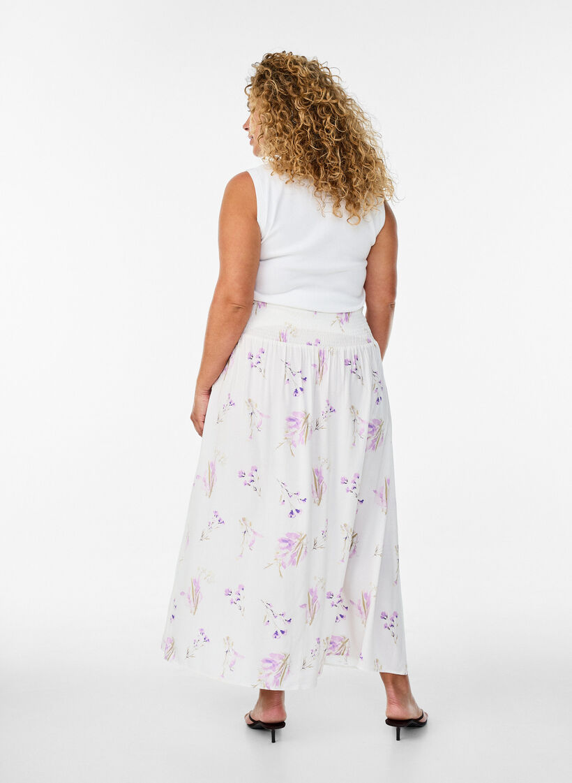 Viscose maxi skirt with smocking, White, Model image number 2