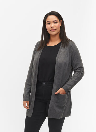 Long knitted cardigan in a viscose blend, Dark Grey Melange, Model image number 0