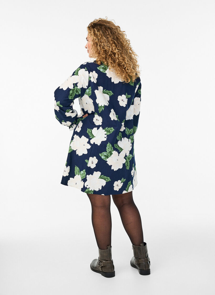 Short cotton dress with V-neck and long sleeves, Blue, Model image number 2