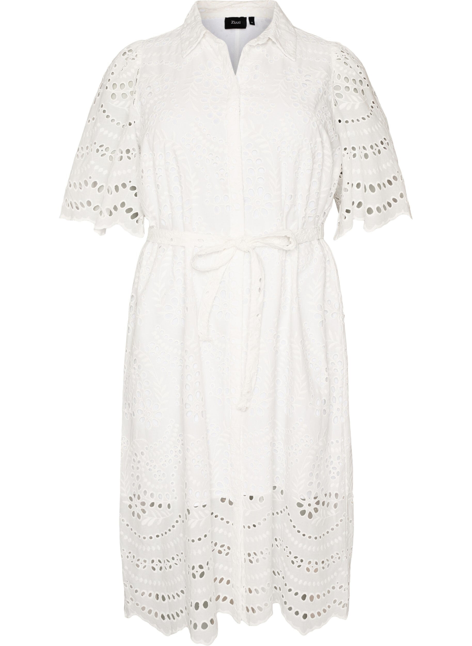 ZizzifashionShirt dress in broderie anglaise with a tie-belt, White, Packshot image number 0