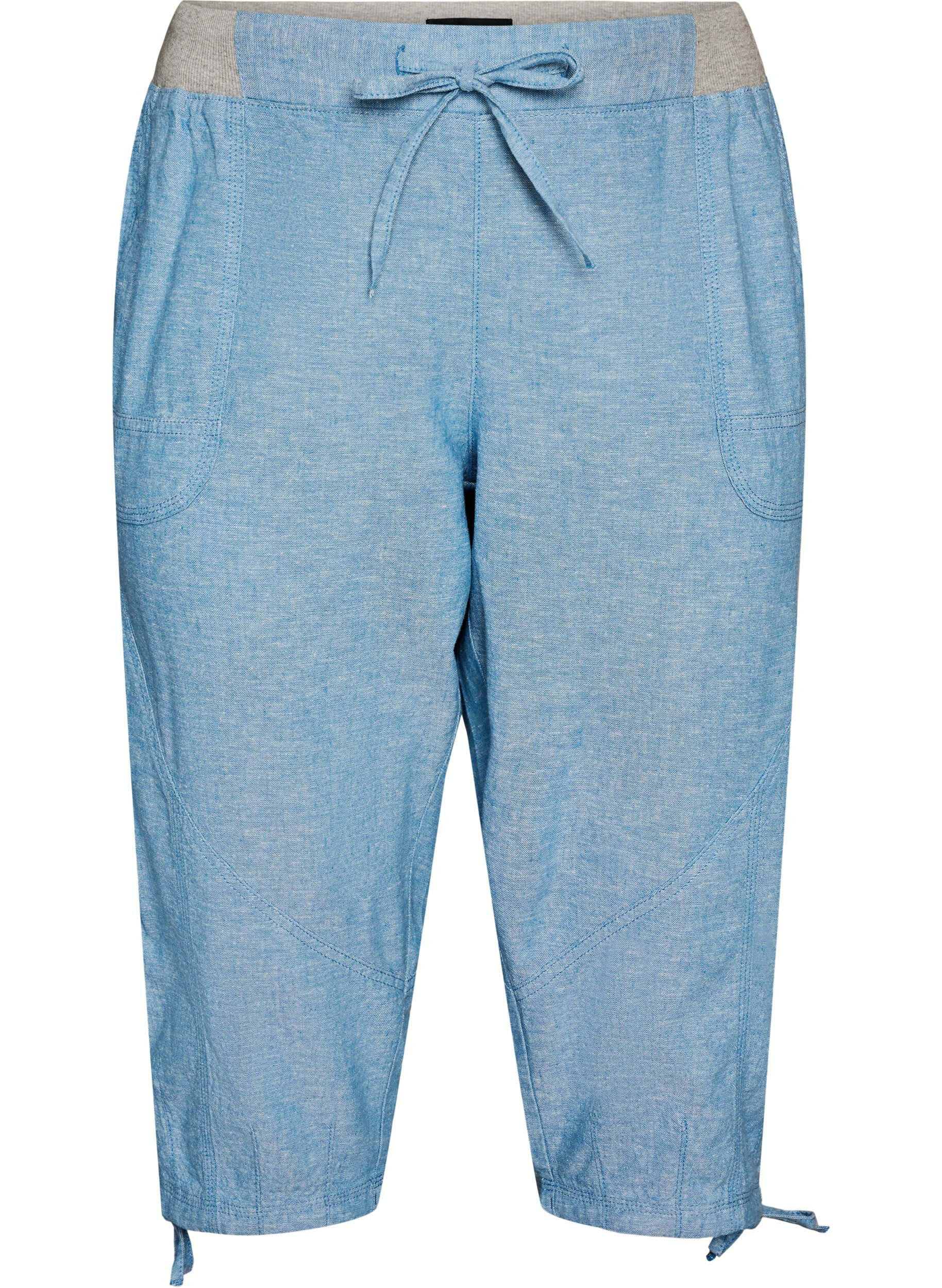 Zizzifashion Cotton and linen Capri trousers with an elasticated waist and tie-string, Blue, Packshot image number 0