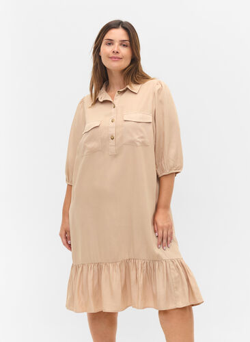 Dress with ruffle trim and 3/4 sleeves, Humus, Model image number 0