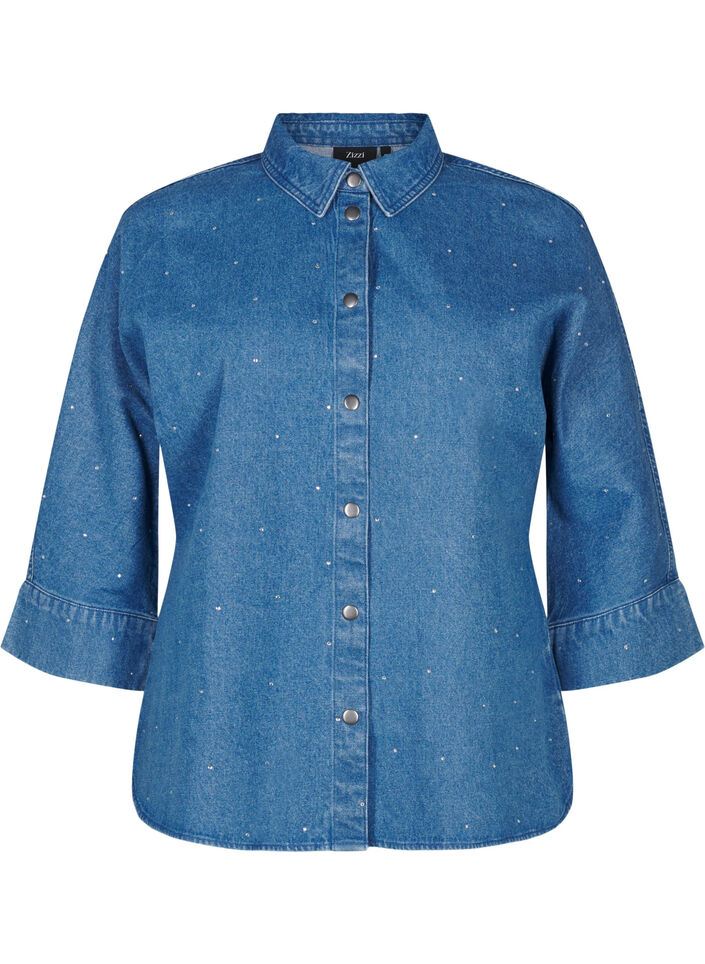 Denim shirt with rhinestones and 3/4 sleeves, Bl. Denim Rhinestone, Packshot image number 0