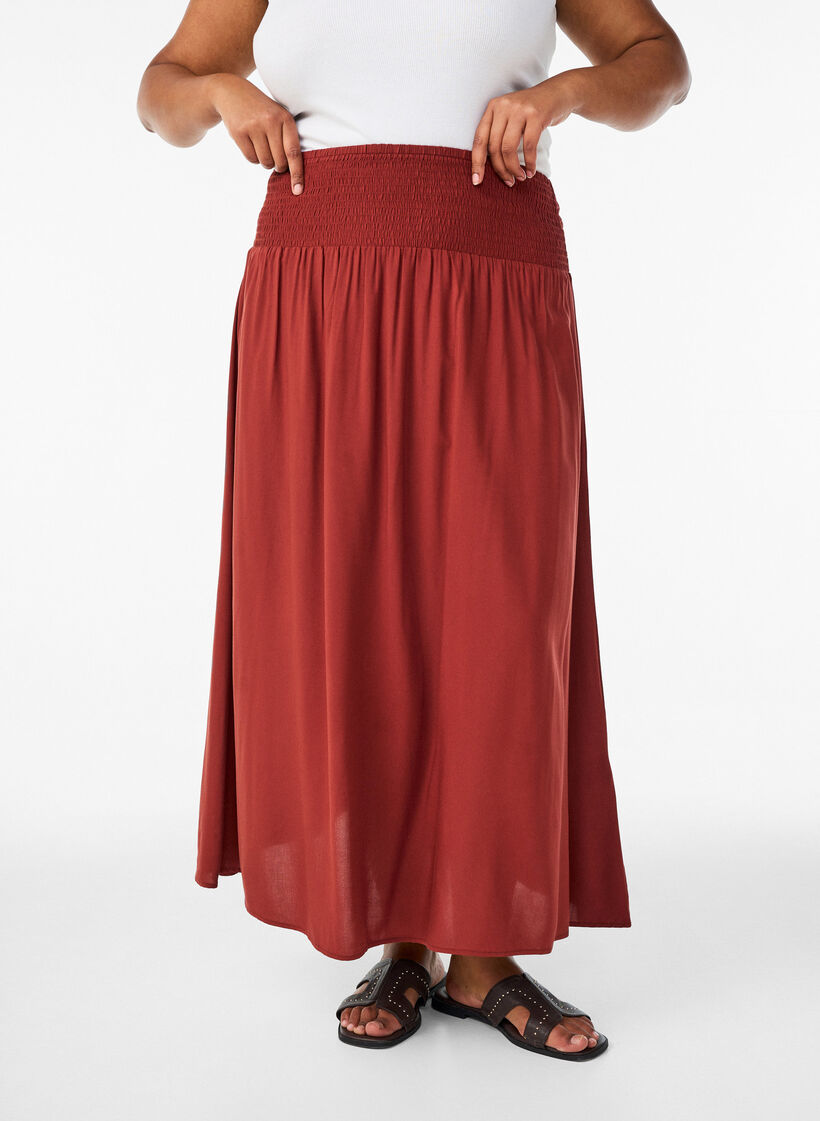 Viscose maxi skirt with smocking, Red, Model image number 2
