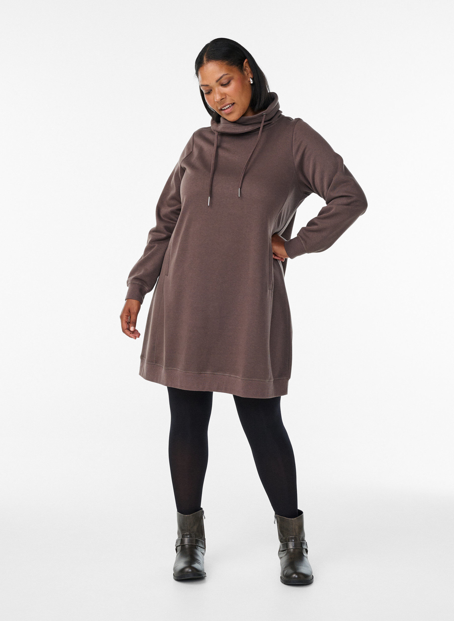 ZizzifashionShort sweatshirt dress with high collar and pockets, Brown, Model image number 1