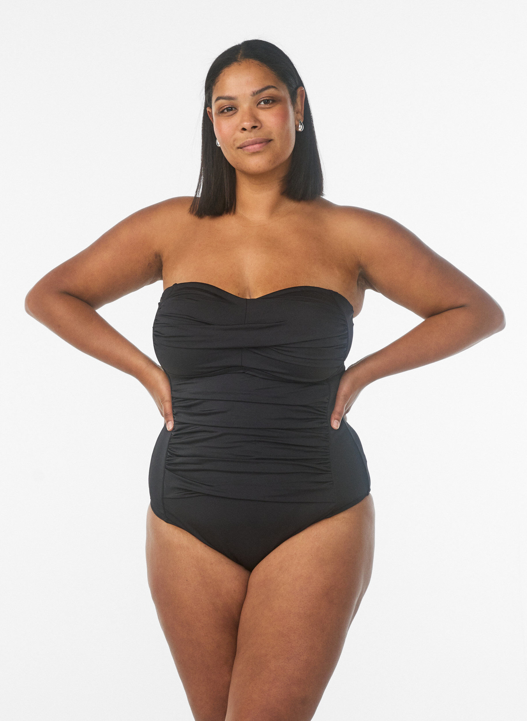 Strapless swimsuit with draping and padded cups, Black, Model