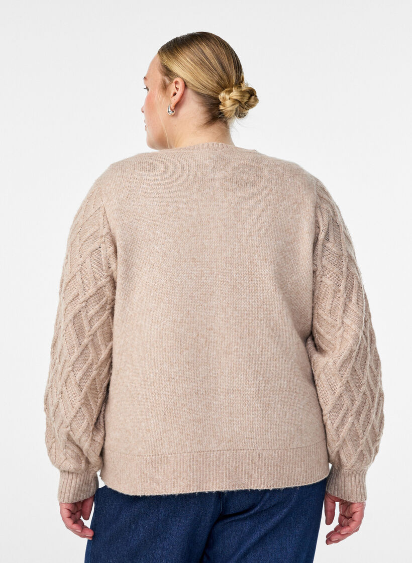 Cable knit cardigan with pearl buttons, Beige, Model image number 2