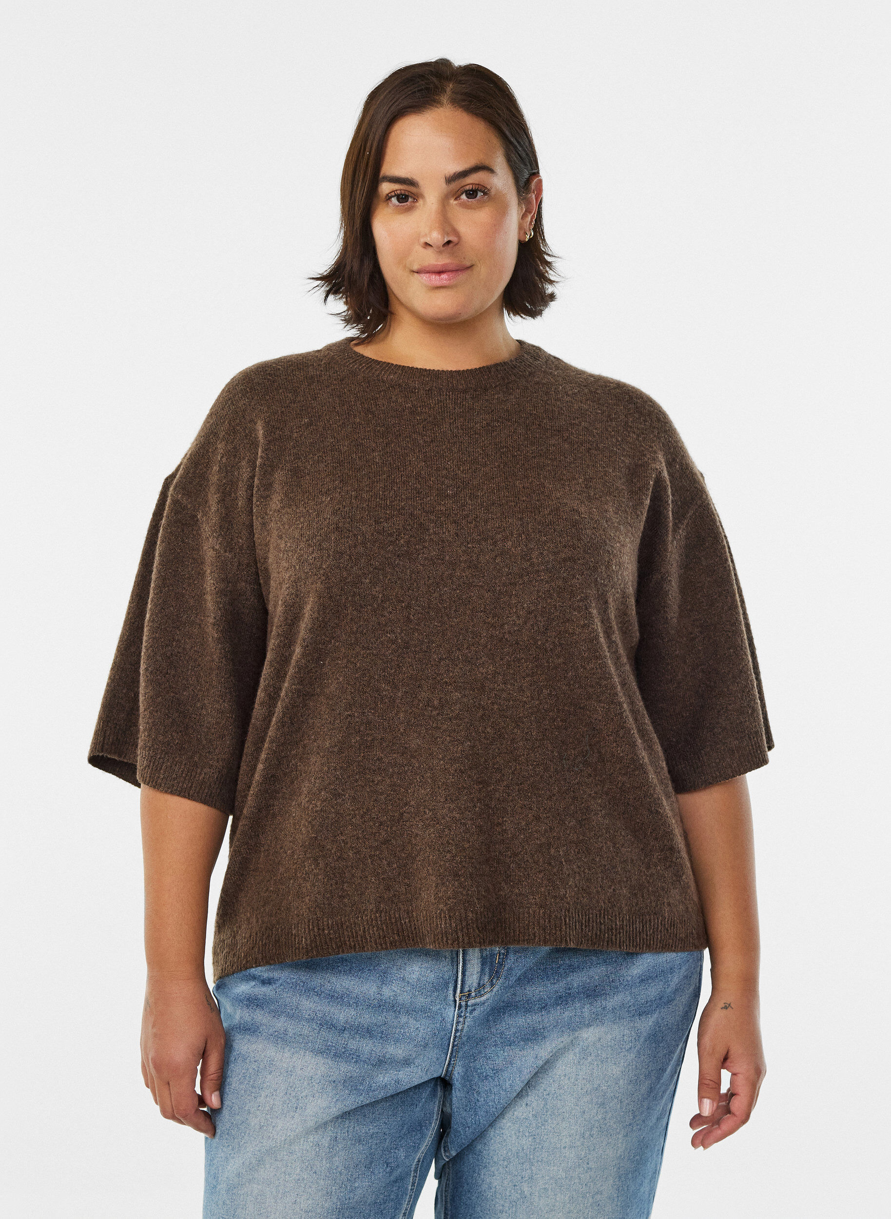 Zizzifashion Loose knitted blouse with short sleeves, Brown, Model image number 0
