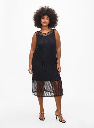 Sleeveless mesh dress with slit, Black, Model image number 0