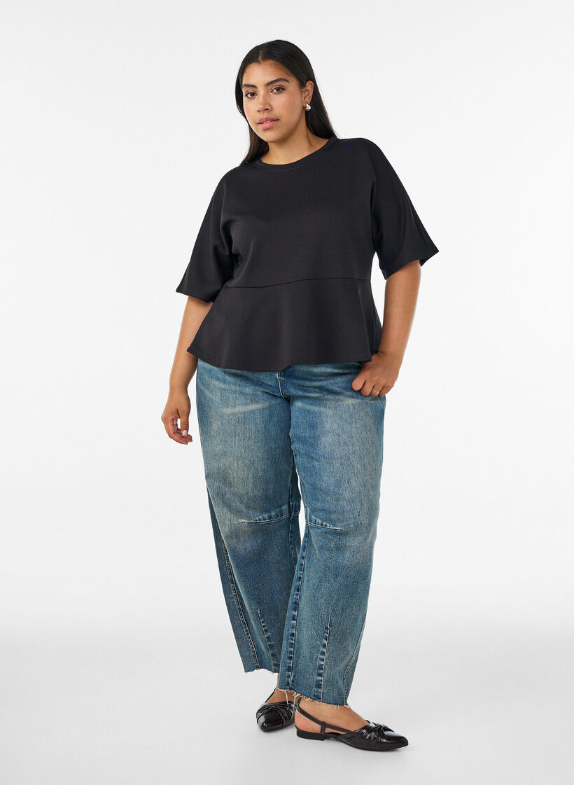 Peplum blouse with elbow-length sleeves, Black, Model image number 1