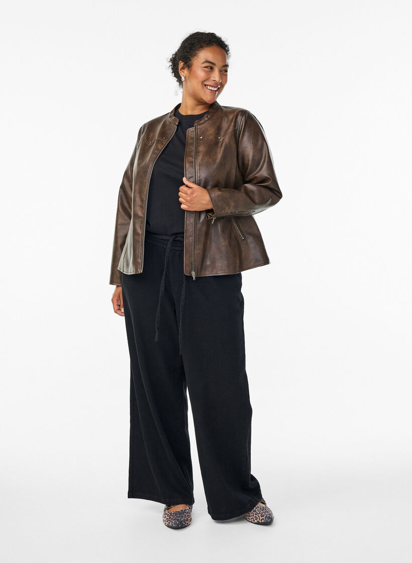 Faux leather jacket with studs and pockets, Brown, Model image number 1