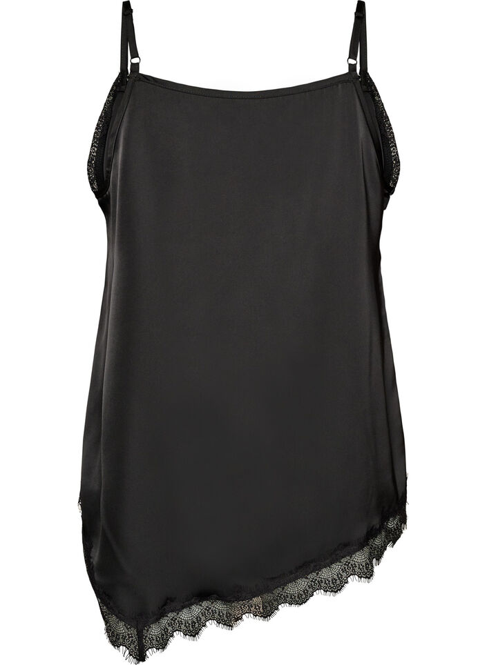 Satin top with lace trim and asymmetric hem, Black, Packshot image number 1
