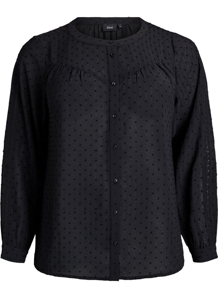 Shirt with a textured dot pattern and embroidery details, Black, Packshot image number 0
