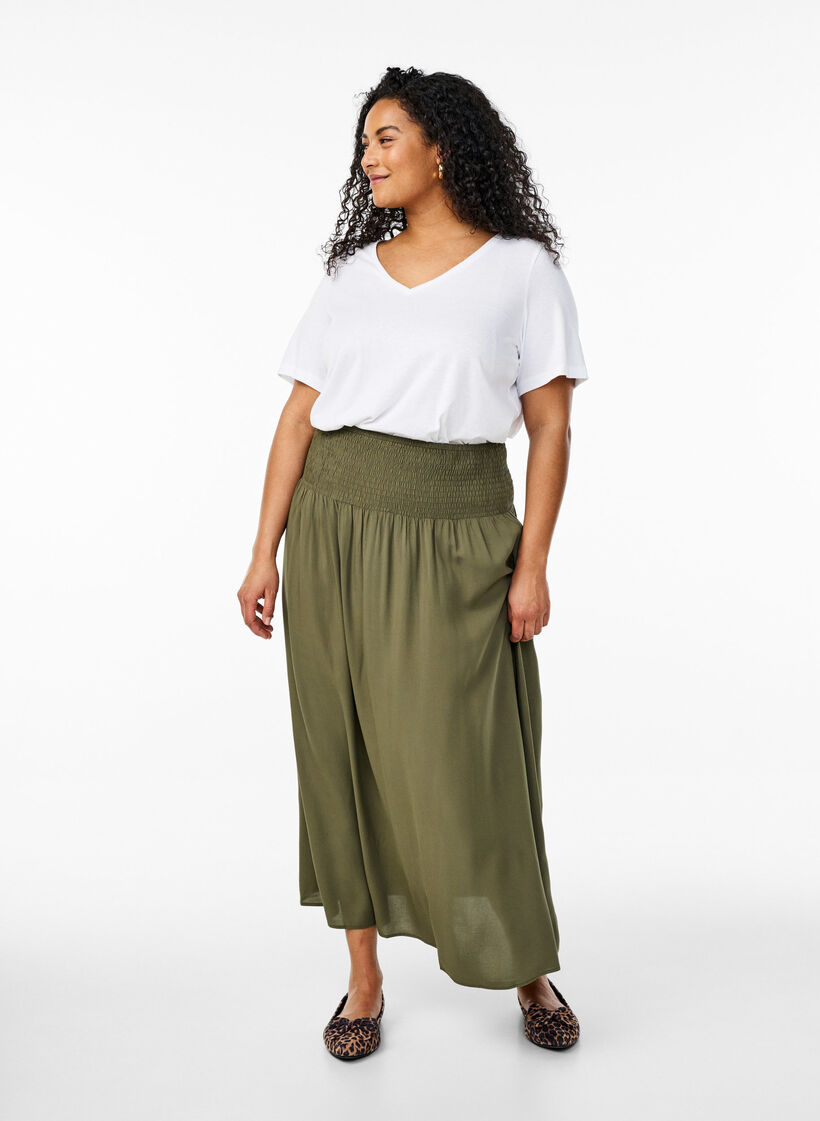 Viscose maxi skirt with smocking, Green, Model image number 0