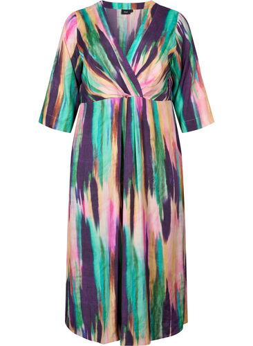 Printed midi dress with 3/4 sleeves, Purple AOP, Packshot image number 0