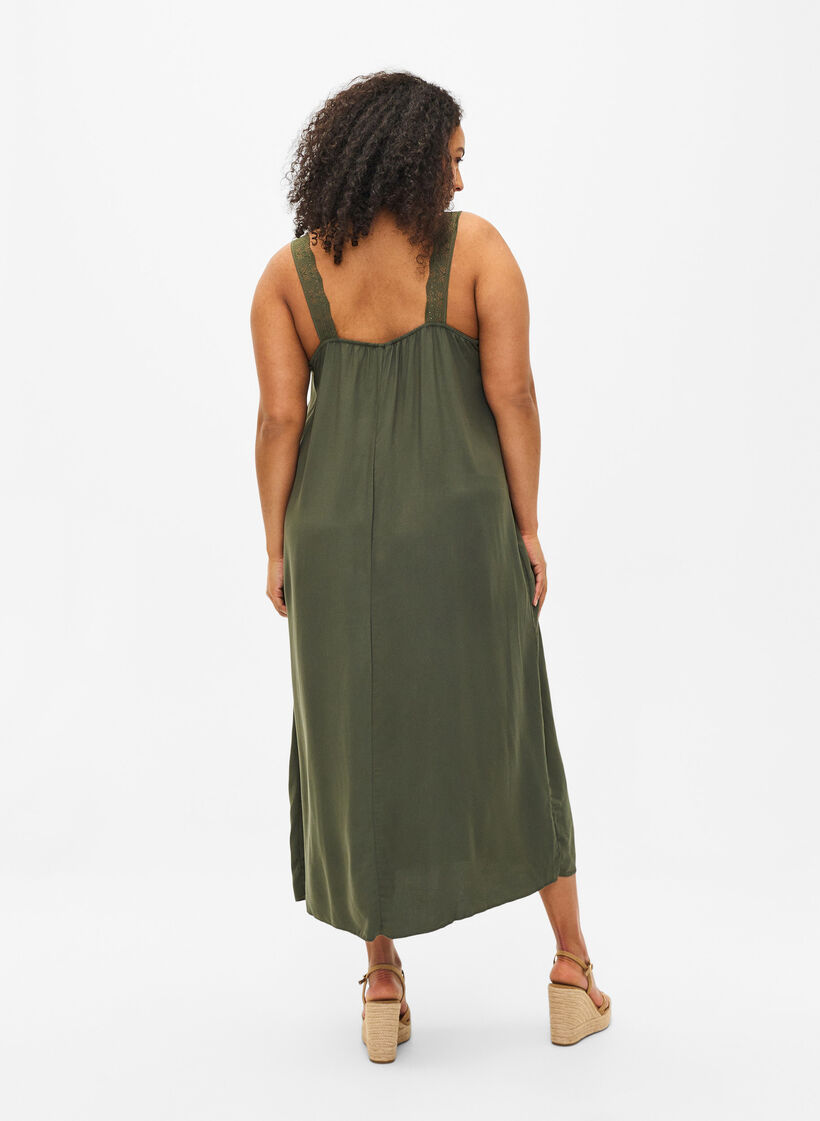 Midi-length strap dress in viscose with lace, Thyme, Model image number 1