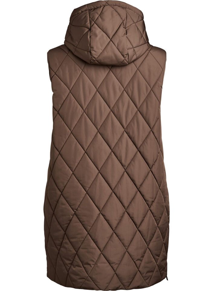 Mid-length quilted gilet with hood, Brown, Packshot image number 1