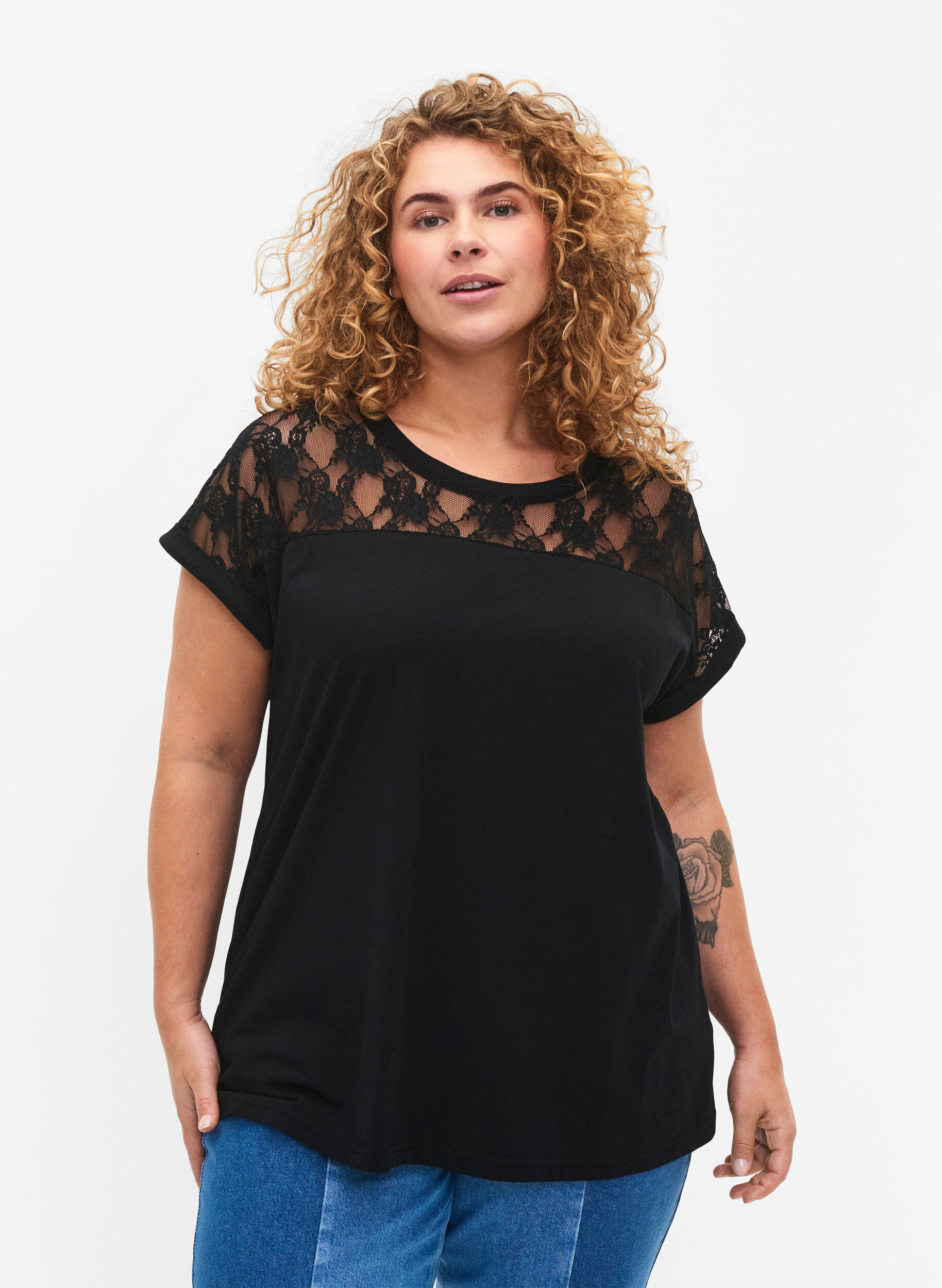Zizzifashion Short-sleeved cotton t-shirt with lace, Black, Model image number 0