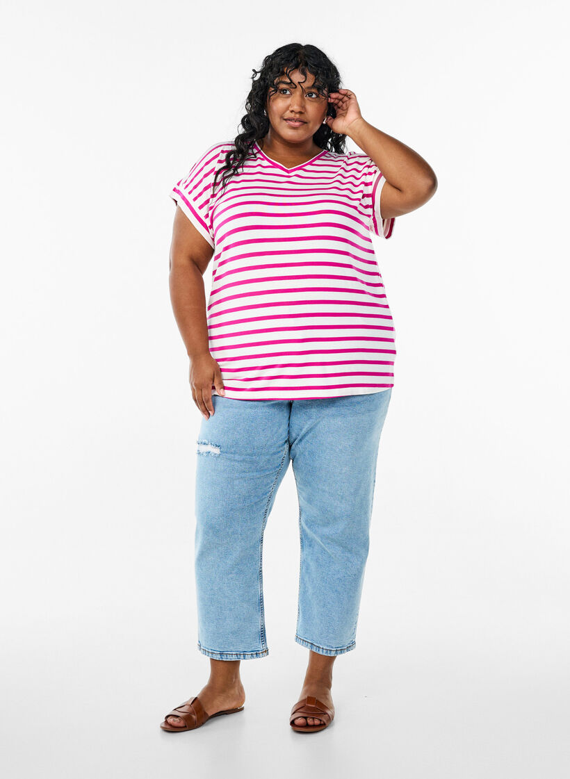 Striped T-shirt with V-neck, Rose, Model image number 1
