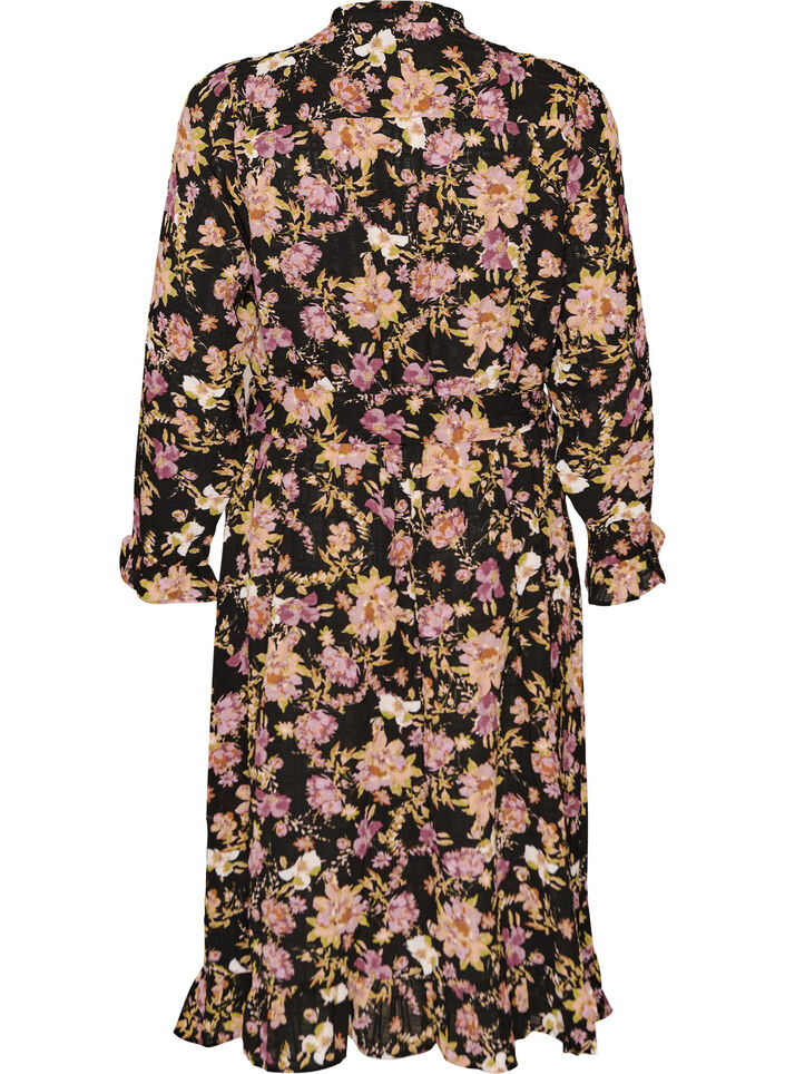 Midi dress with floral print and detachable tie belt, Black, Packshot image number 1