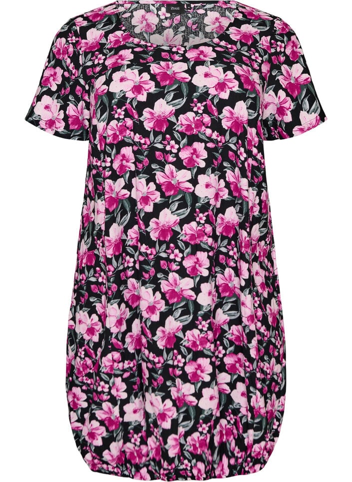 Short-sleeved cotton dress with print, Black, Packshot image number 0