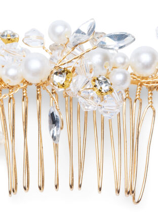 Hair comb with beads and rhinestones, Pearl, Packshot image number 1