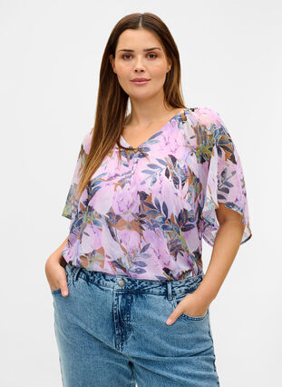 Short-sleeved printed blouse, Orchid Bouquet AOP, Model image number 0