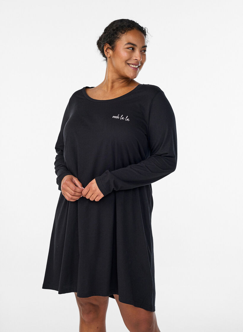 Long-sleeved nightgown in organic cotton, Black, Model image number 0