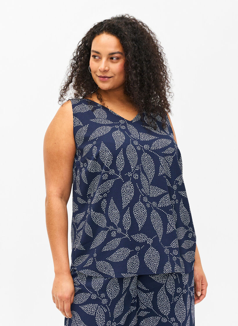 Printed top with V-neck, Navy B. w. Dot Leaf, Model image number 0