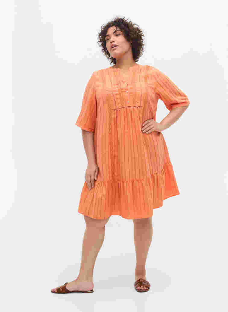 Striped viscose dress with lace ribbons, Nectarine, Model image number 2
