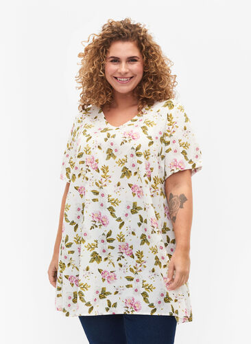 FLASH - Tunic with v neck and print, Off White Flower, Model image number 0