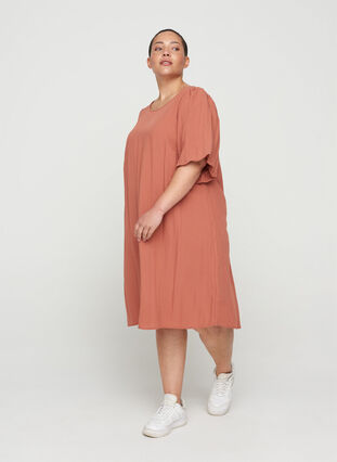 Short-sleeved viscose dress with A-line cut, Copper Brown, Model image number 0