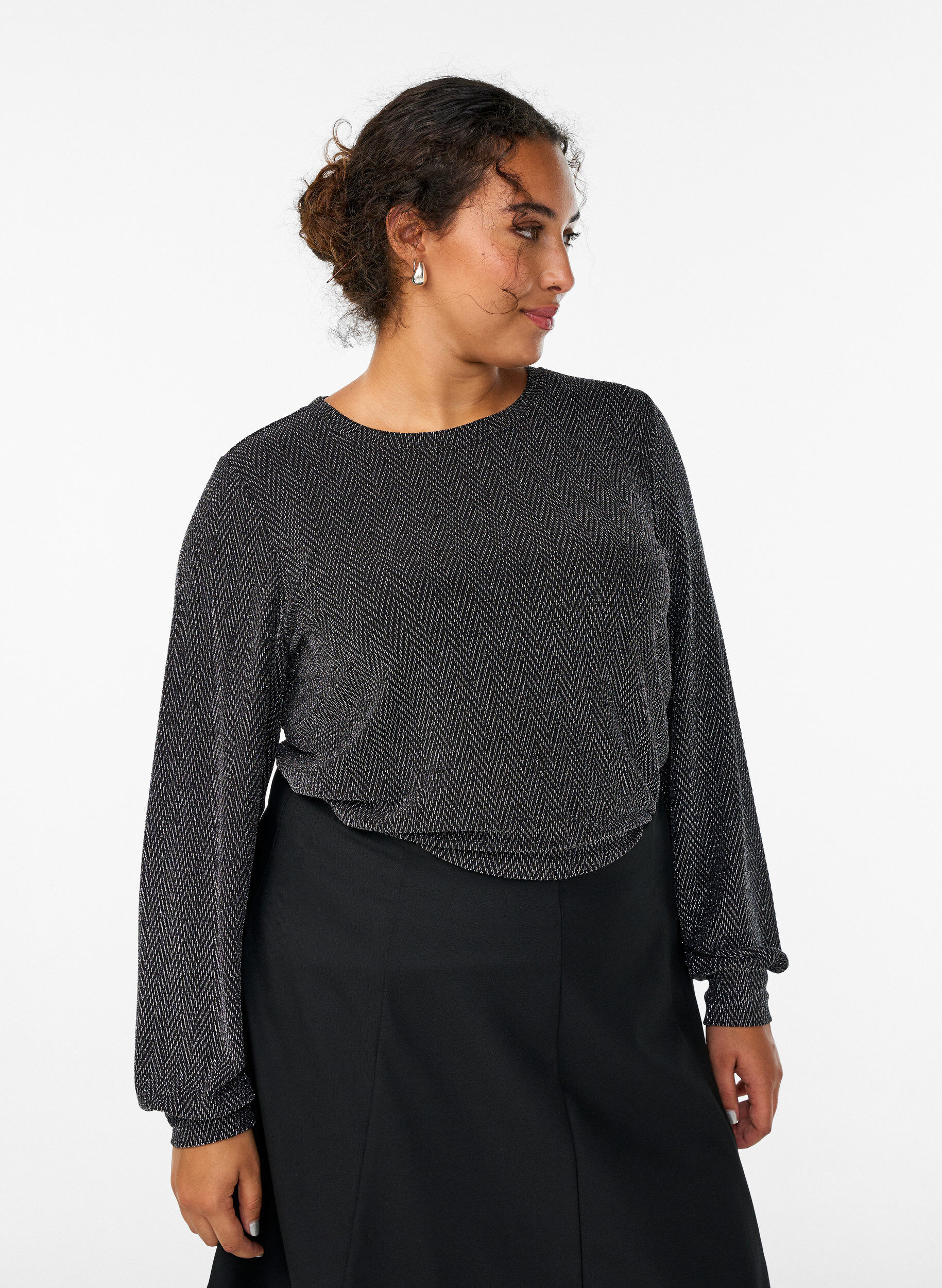 Blouse with herringbone pattern and glitter thread, Black, Model