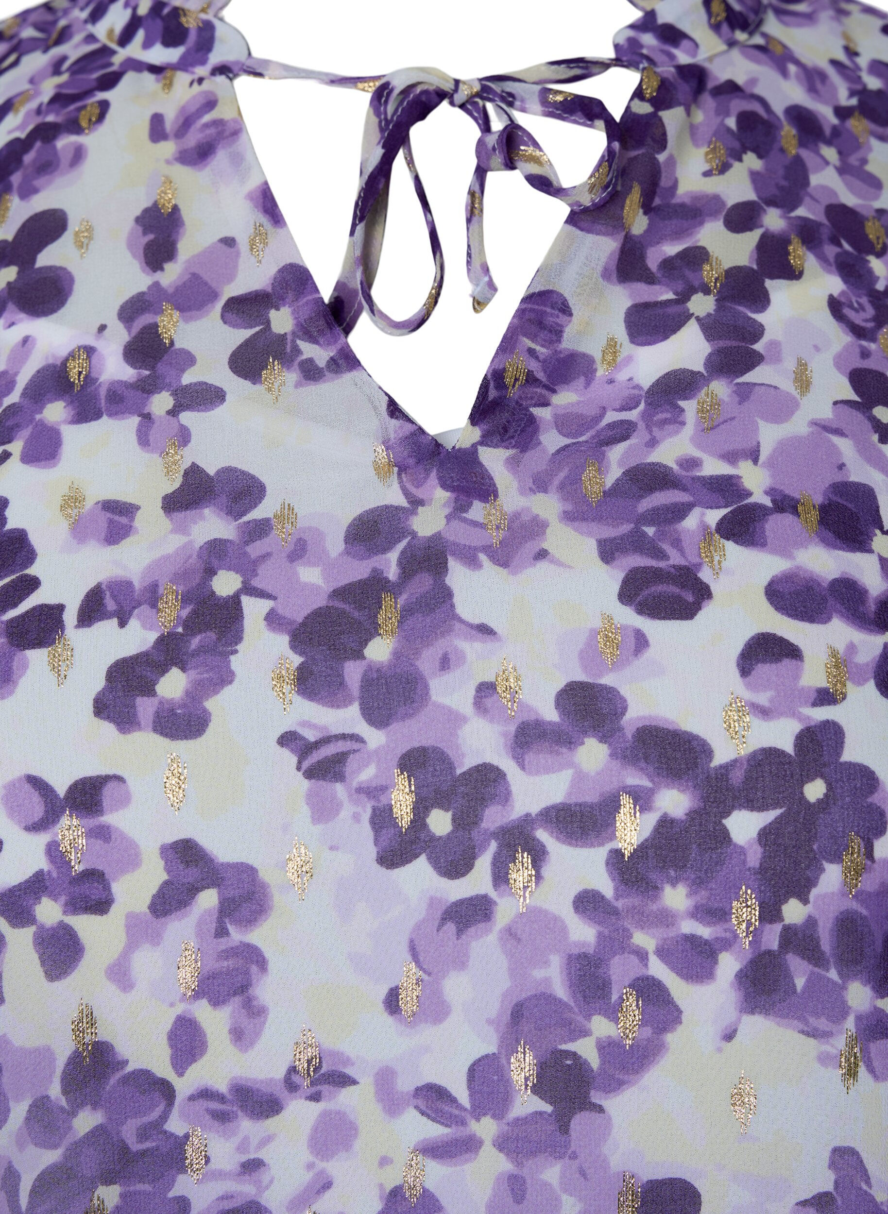Zizzifashion Tunic with floral print and lurex, Beige/Purple Flower, Packshot image number 2