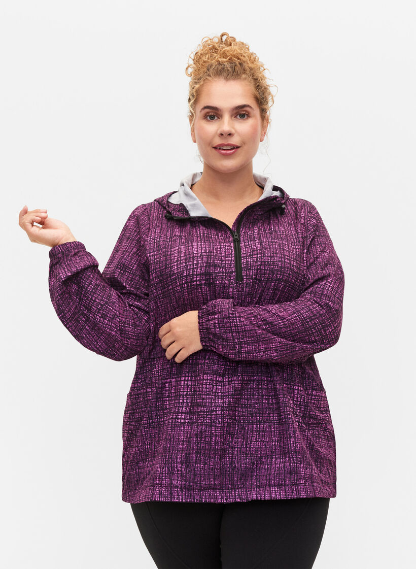 Sports anorak with zipper and pockets, Square Purple Print, Model