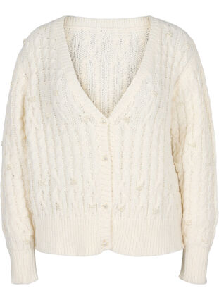 Cable knit cardigan with beads, Cloud Dancer, Packshot image number 0