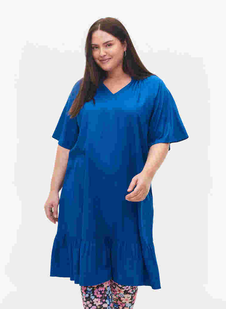 Short-sleeved viscose dress with v-neck, Classic Blue, Model image number 0