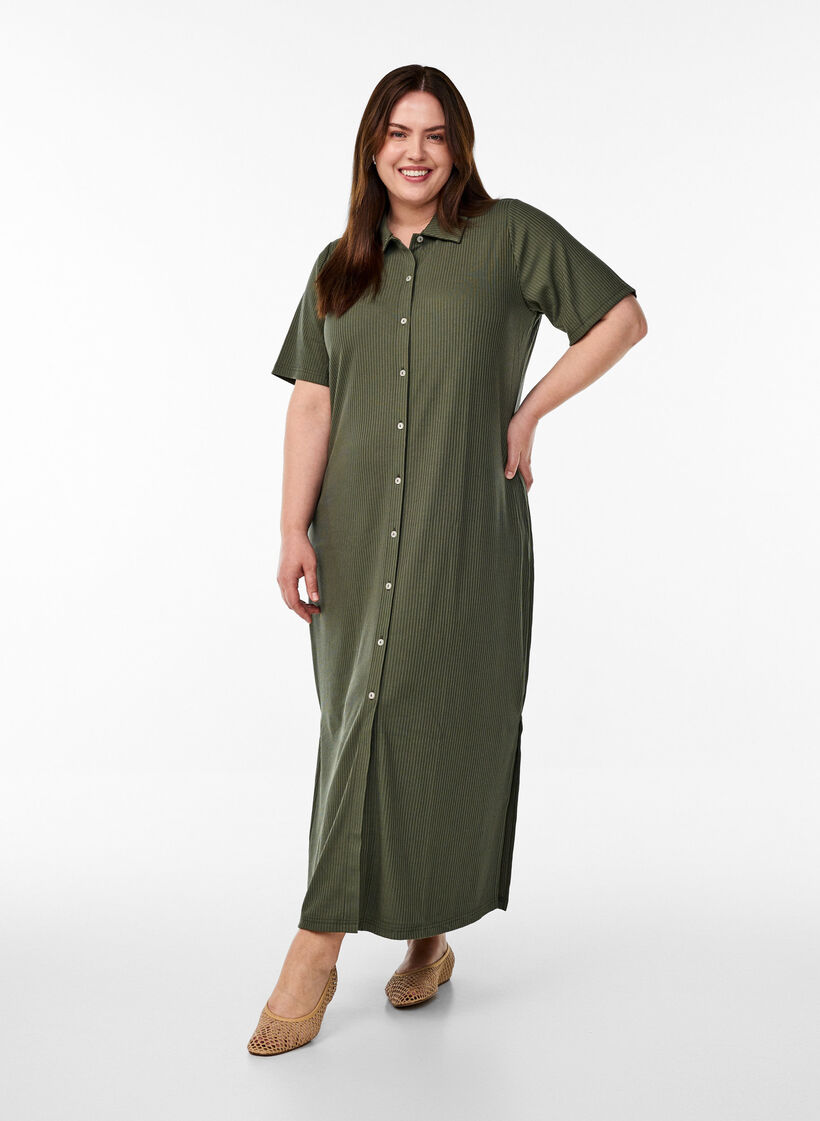 Maxi dress in jersey with collar and short sleeves, Green, Model image number 0